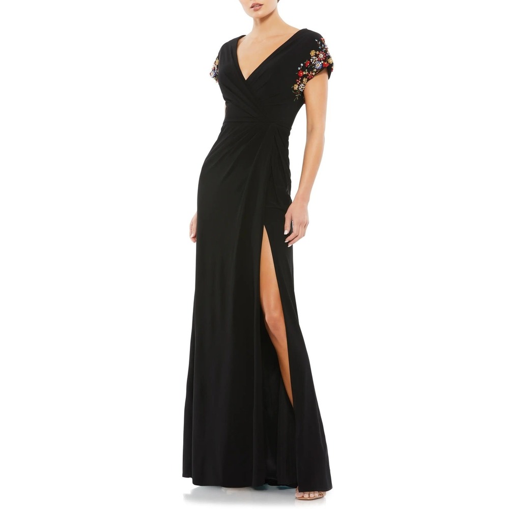 Mac Duggal 55709 Black Beaded Sleeve Faux Wrap‎ Cocktail Gown Size 8 NWT